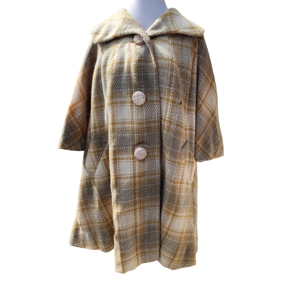 Vintage The Vogue Plaid Swing Coat Yellow Grey Wool Blend Wide Collar 50s READ